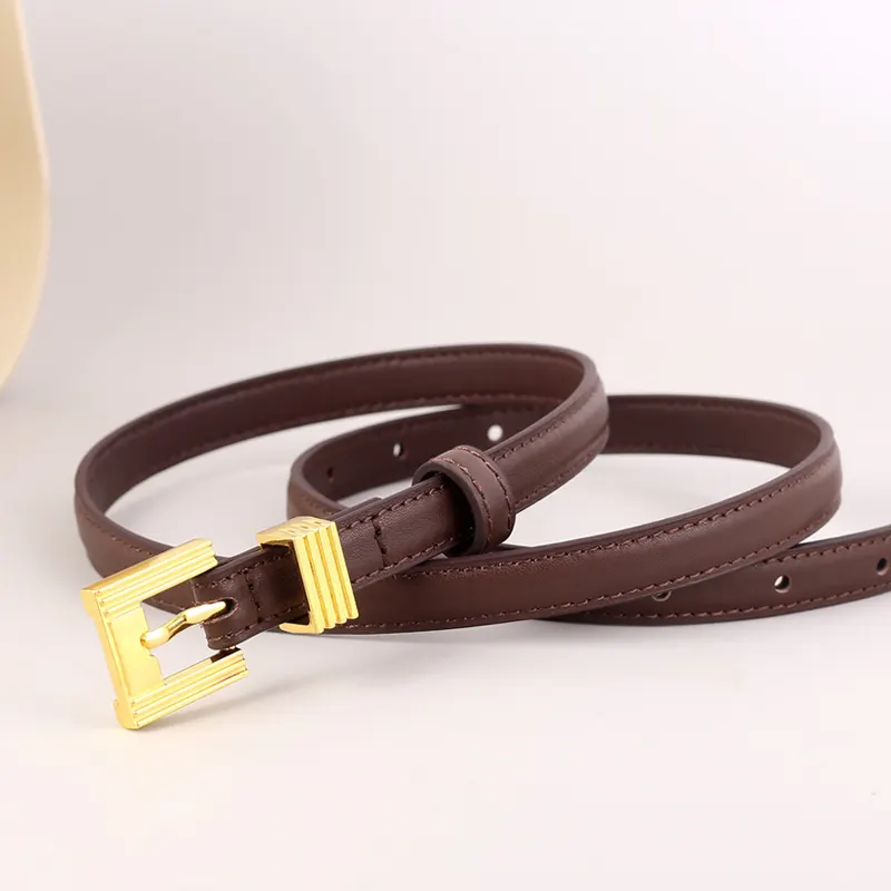 Skinny Leather Belt with Golden Buckle - Coffee Brown