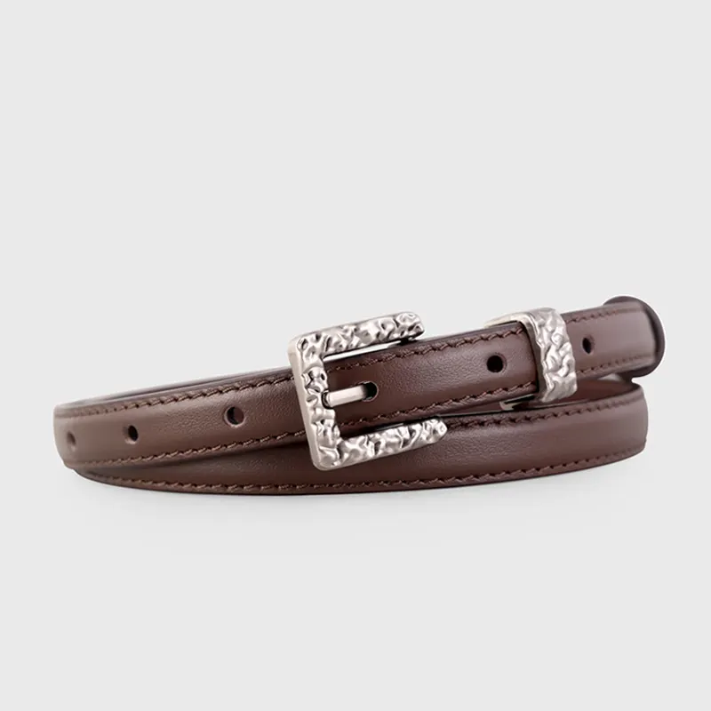 Textured Buckle Leather Belt - Brown