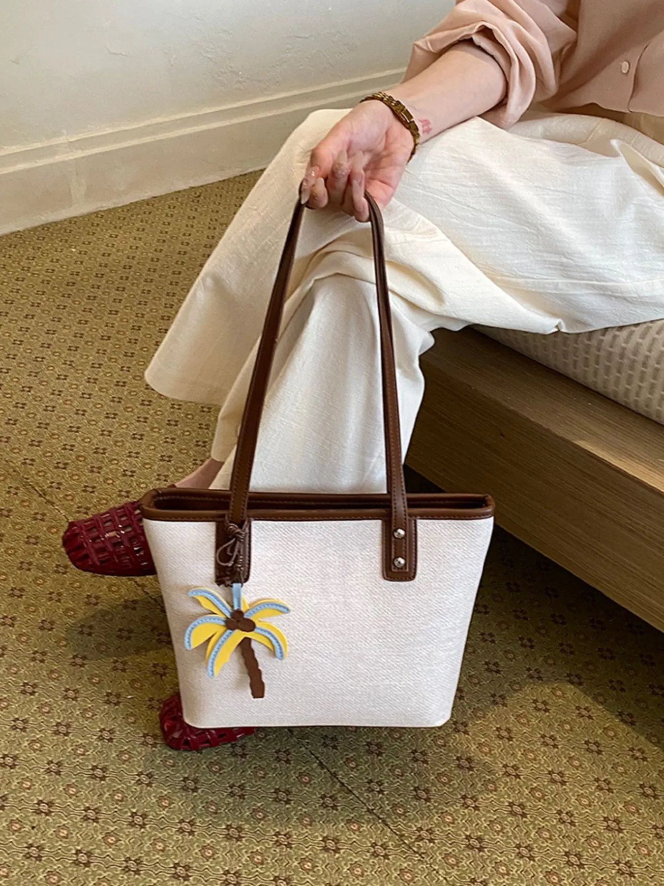 Contrast Trim Shoulder Bag with Tropical Palm Tree Charm - Beige
