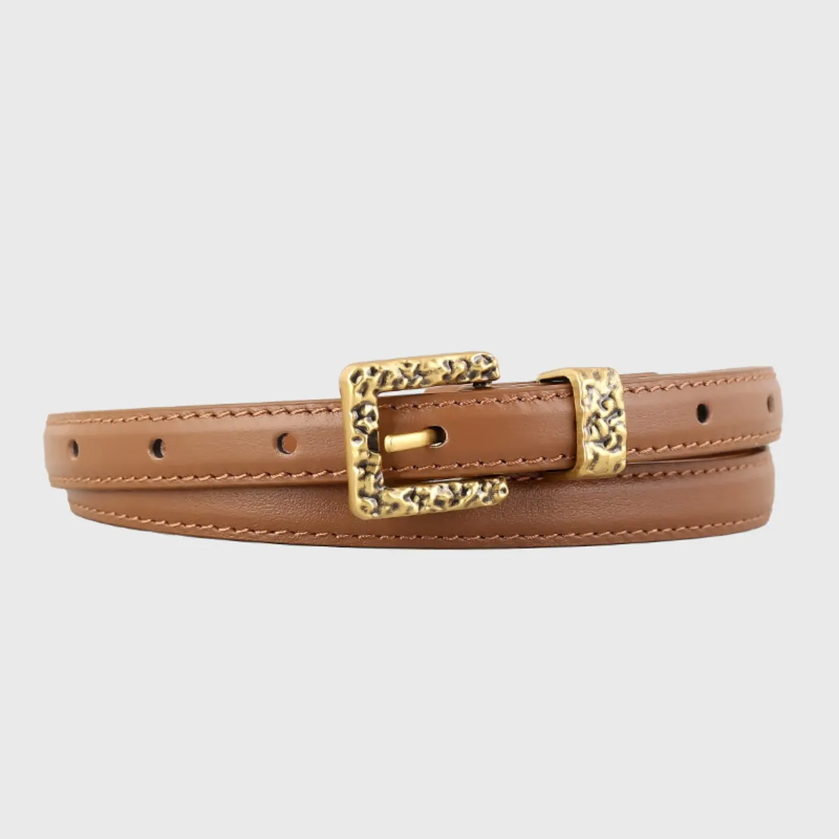 Skinny Leather Belt with Buckle - Brown