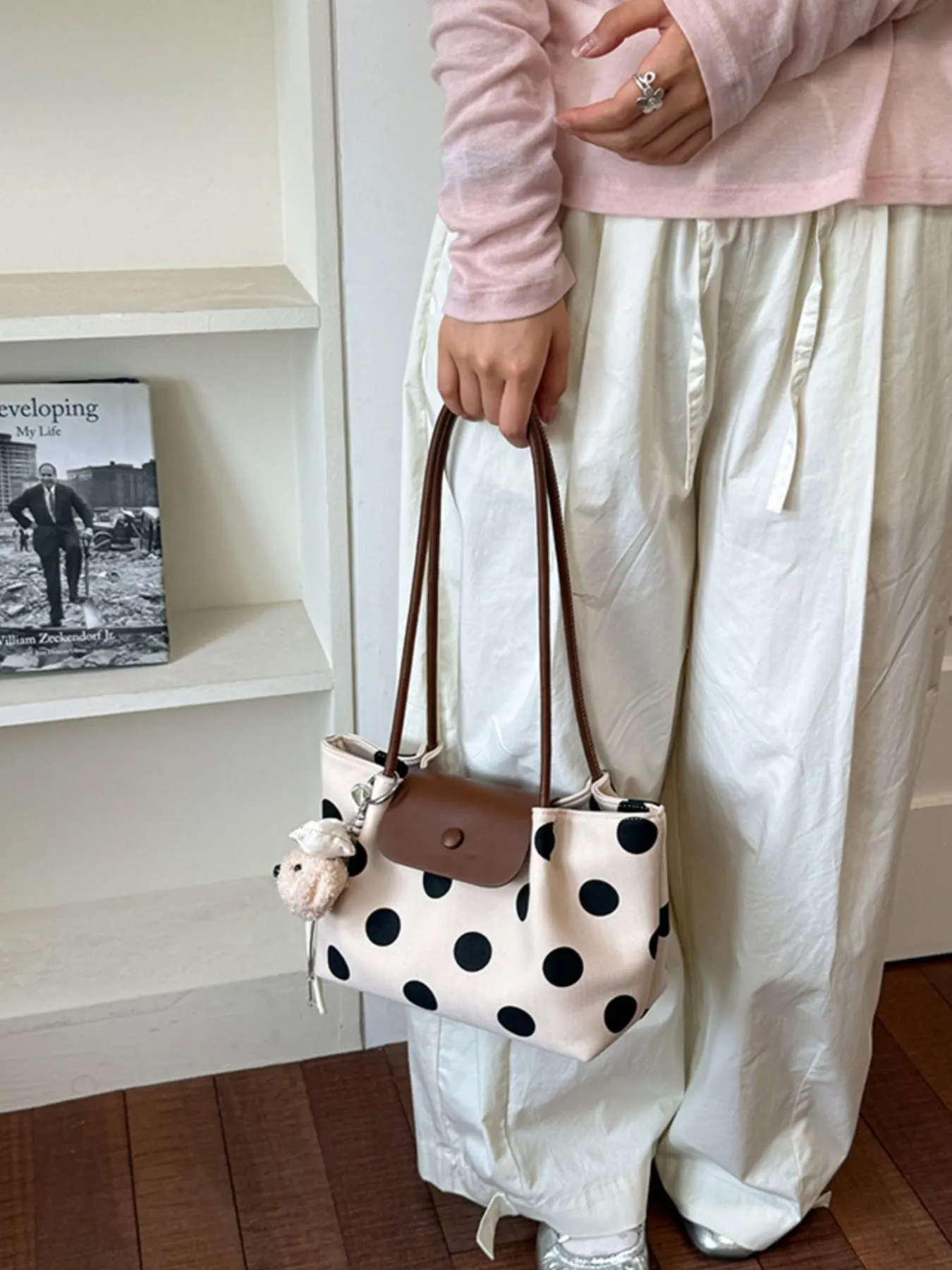 Polka Dot Shoulder Bag - Brown