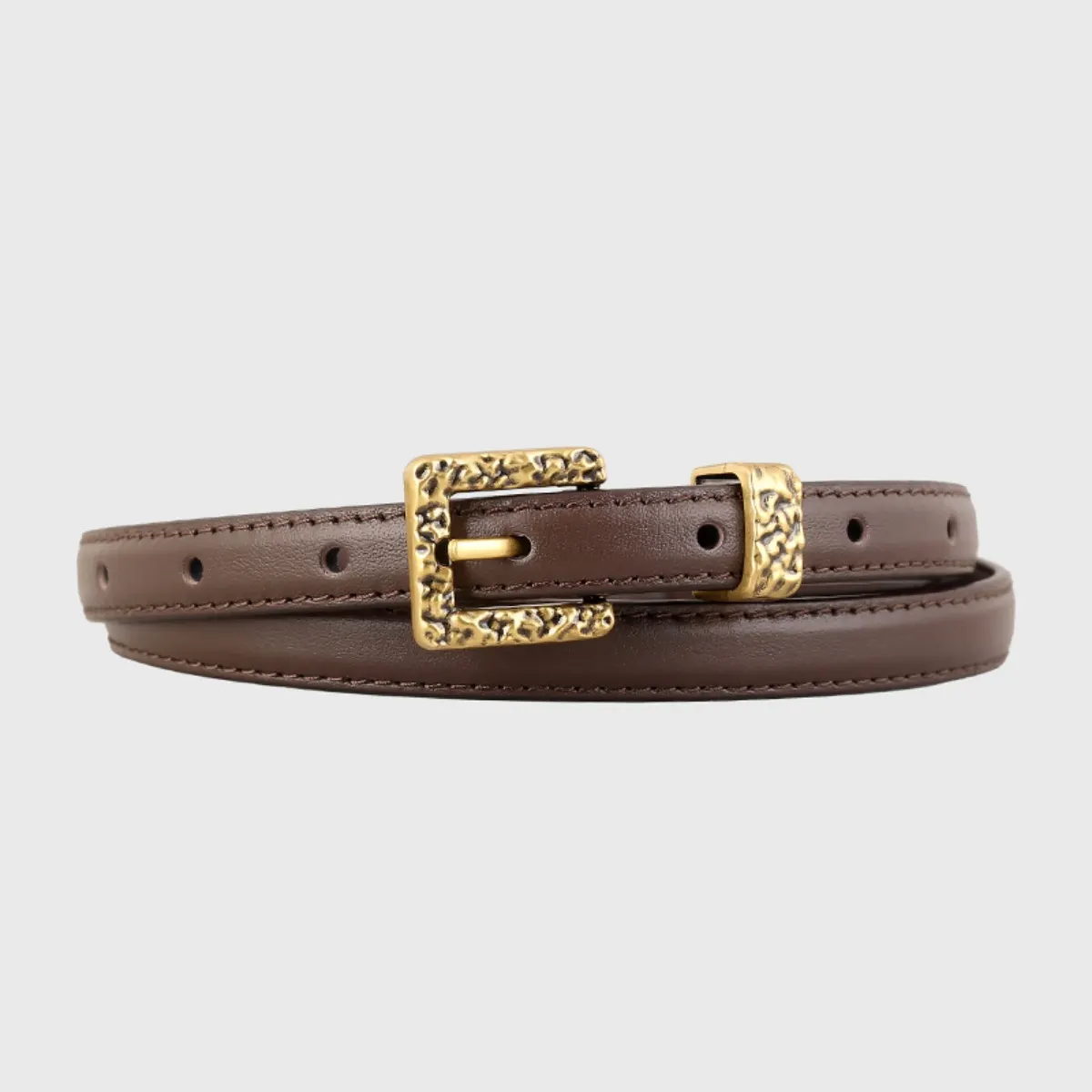 Skinny Leather Belt with Buckle - Coffee Brown