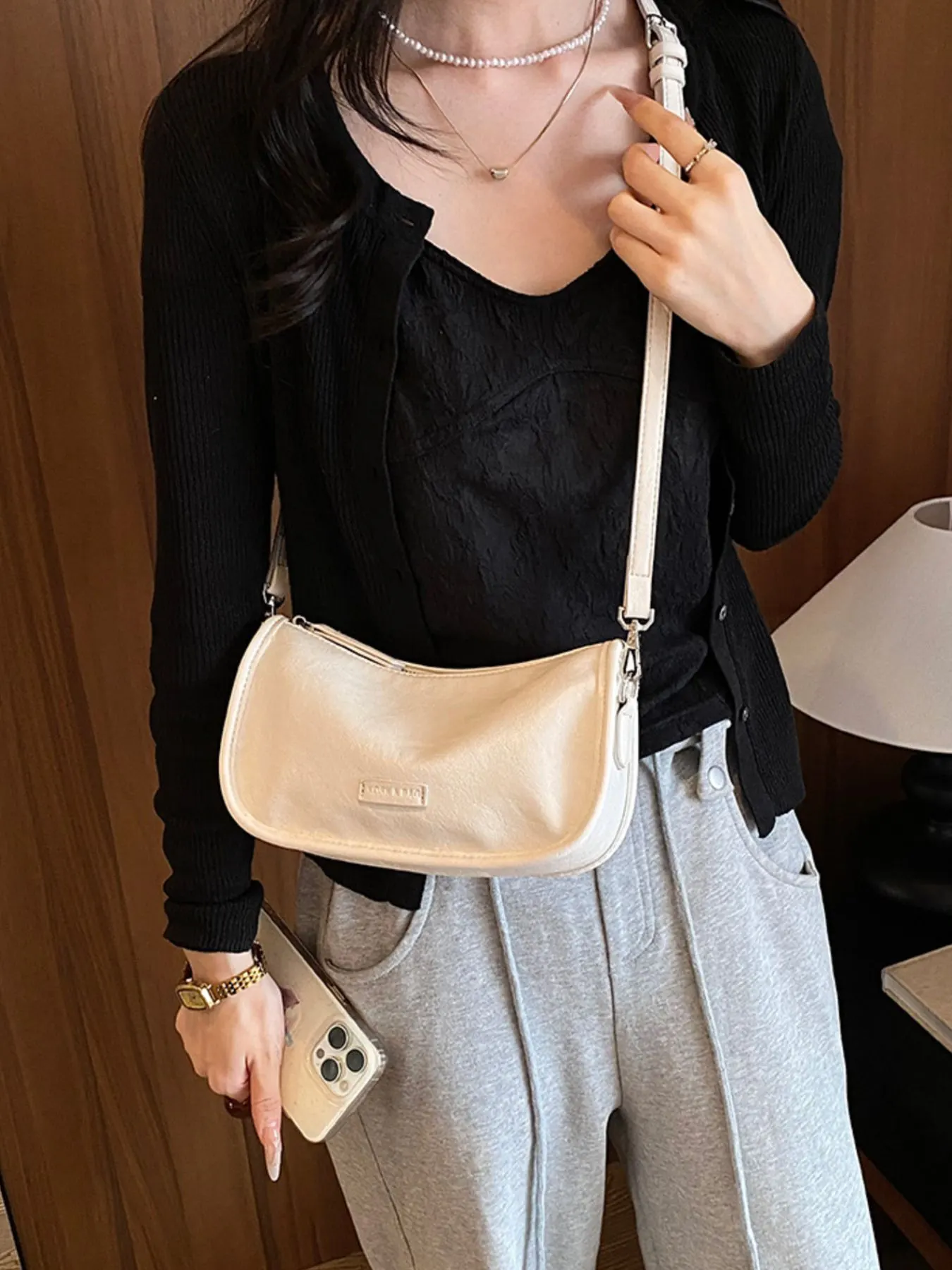 PU Leather Shoulder Bag - Beige