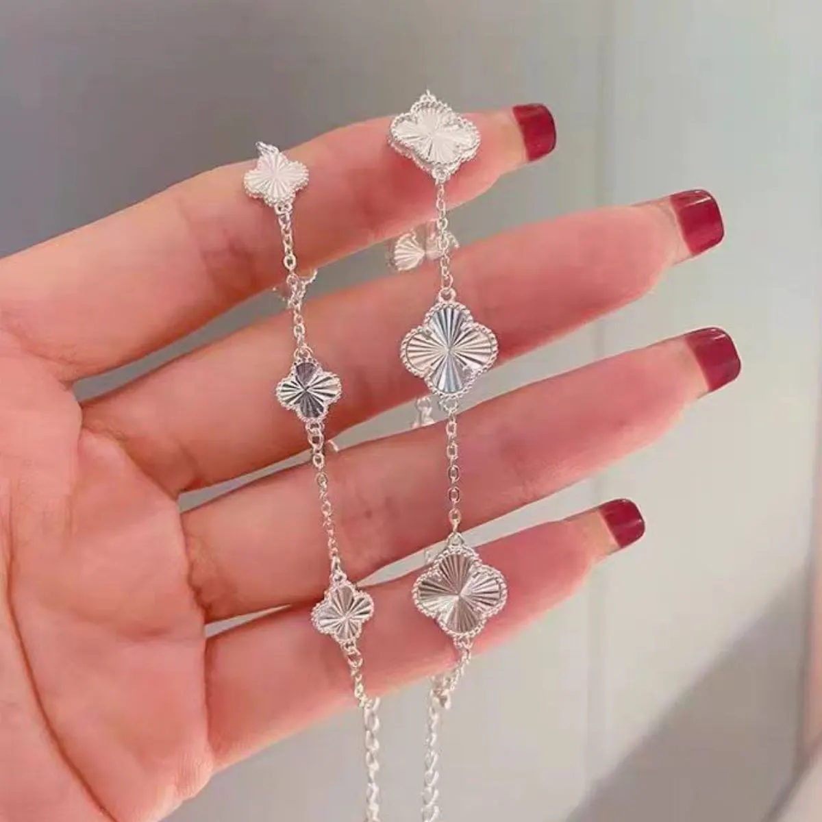 925 Sterling Silver Chain Four Leaf Clover Bracelet - Silver