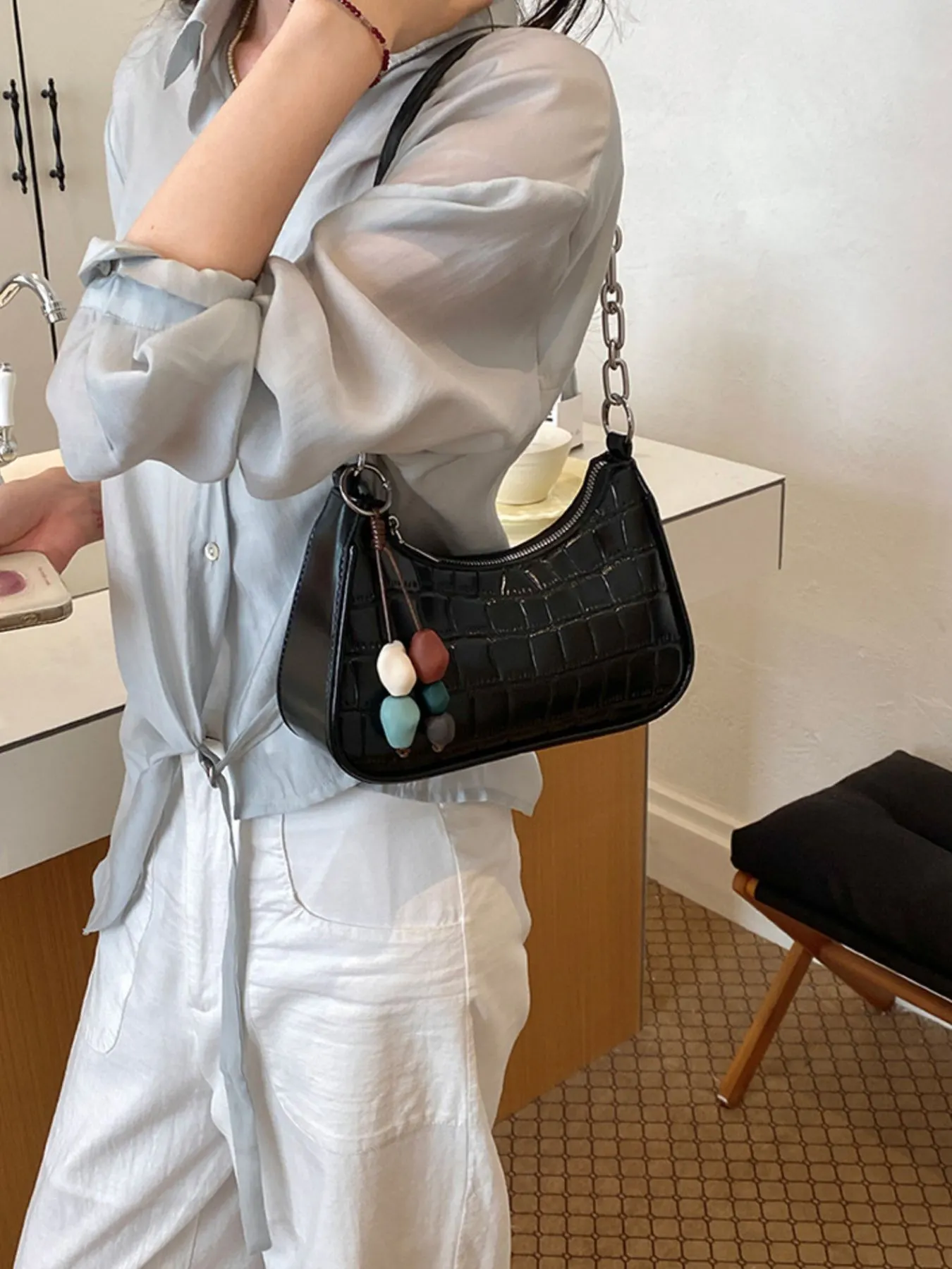 Textured PU Leather Shoulder Bag - Black