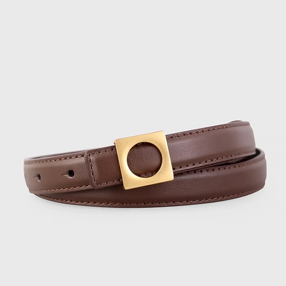 Square Buckle Skinny Leather Belt - Olive Brown