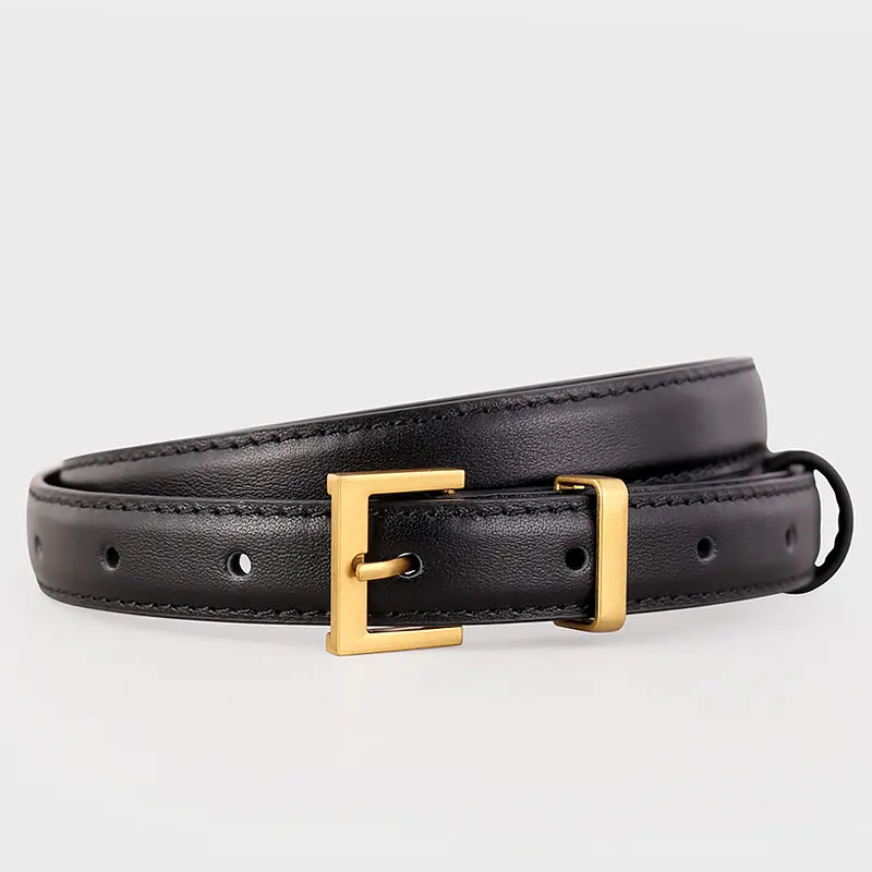 Leather Skinny Belt with Golden Buckle - Black