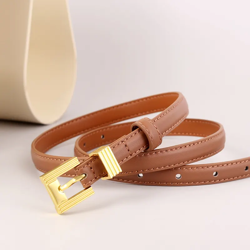 Skinny Leather Belt with Golden Buckle - Brown